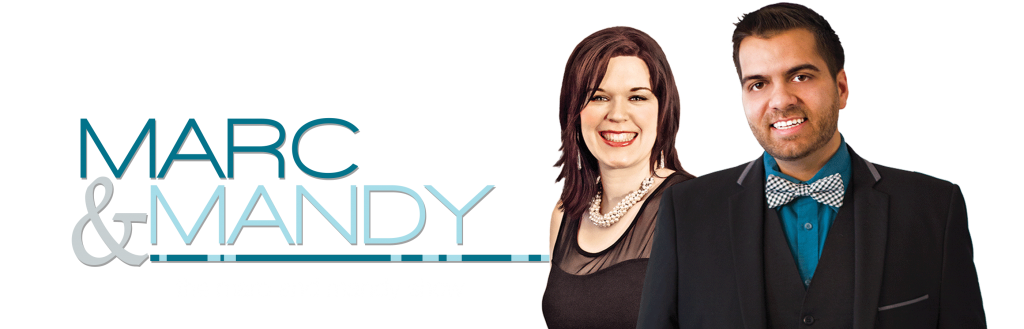 Marc and Mandy smiling at the camera, with Marc wearing a black suit and teal checkered bowtie and Mandy wearing a black top with red lipstick, alongside the text 'MARC & MANDY' in teal blue lettering