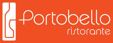 Portobello Ristorante logo with stylized wine bottle design on orange background