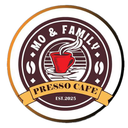 Mo & Family Presso Cafe logo featuring a red coffee cup, established 2025, Burnaby