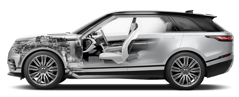 Luxury Range Rover SUV cutaway diagram showing internal engine and mechanical components with open door in Burnaby