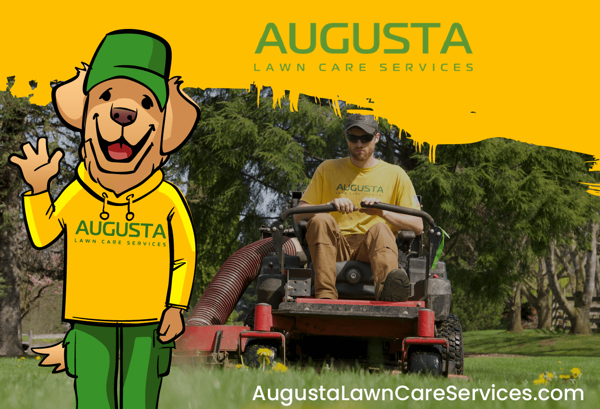 Augusta Lawn Care Services mascot, a friendly cartoon dog wearing a green cap and yellow shirt, alongside a professional landscaper operating lawn care equipment in Burnaby