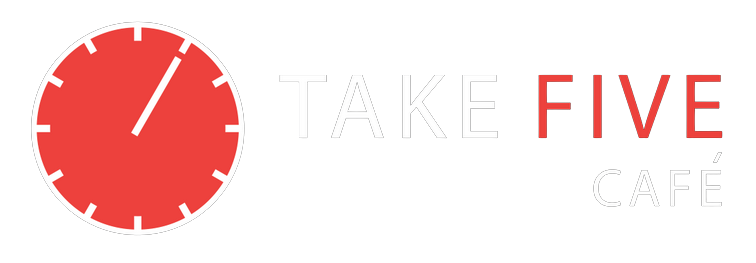 Take Five Café logo featuring a red clock with minute hand pointing to 1 and hour hand pointing to 12, with Take Five Café text in gray and red lettering - a popular café in Burnaby