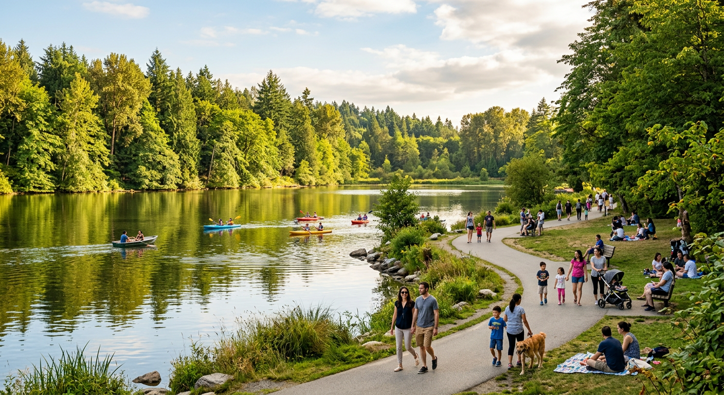 Deer Lake Park Burnaby BC - calm reflective water and green trees on a sunny afternoon