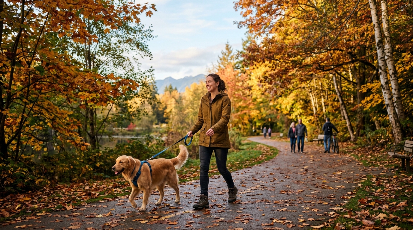 walking with dog in Burnaby park trail 