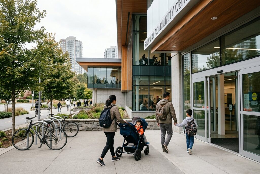 Family arriving at a Burnaby recreation centre