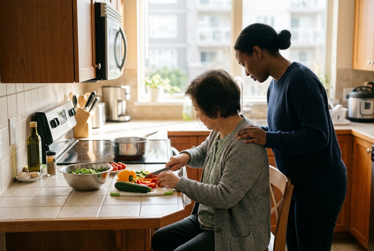 burnaby home care kitchen meal support Top Five Burnaby Home Care Businesses for Seniors Burnaby caregiver helping with meal support at home