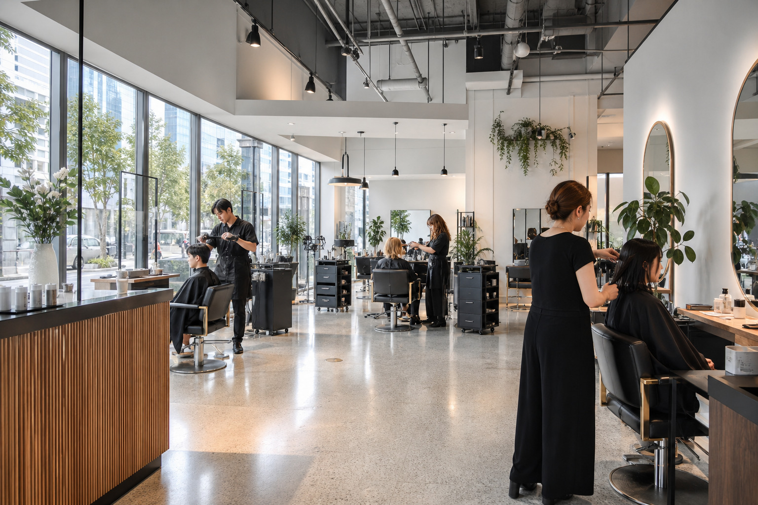shop3 1 Top Hair Salons in Burnaby Metrotown Hair Studio with large windows, modern stations and a bright airy layout