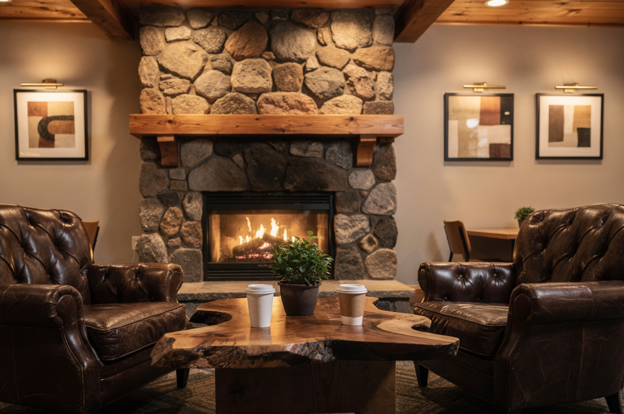 A warm café lounge featuring a stone fireplace, leather armchairs, and a live-edge wooden coffee table with takeaway coffee cups. The room includes exposed wooden beams, soft lighting, and framed artwork, creating a comfortable, inviting atmosphere.