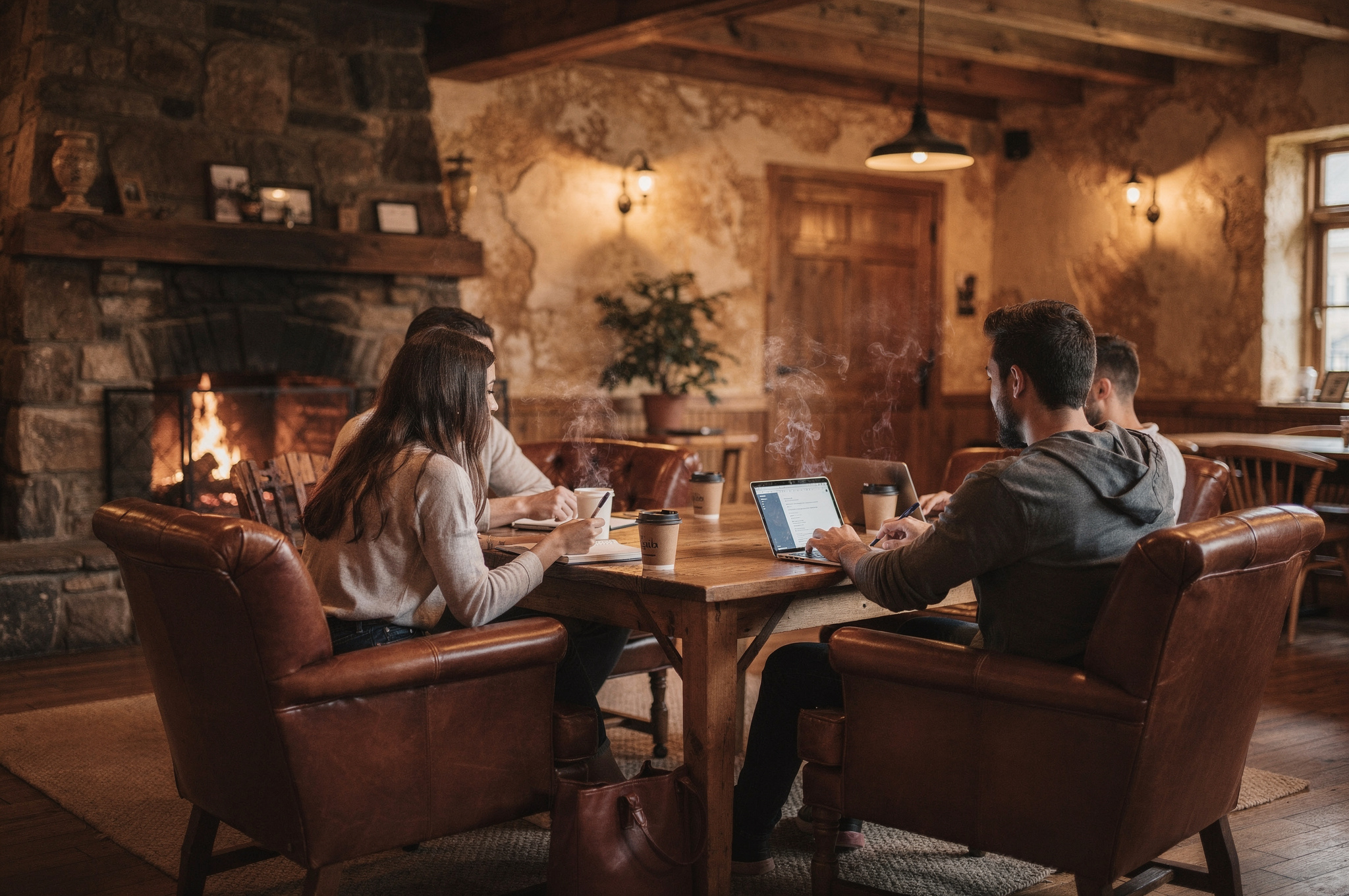 A welcoming café setting with leather chairs and a wooden table topped with takeaway coffee cups, where people can relax, work, or socialise by the stone fireplace under soft, warm lighting.