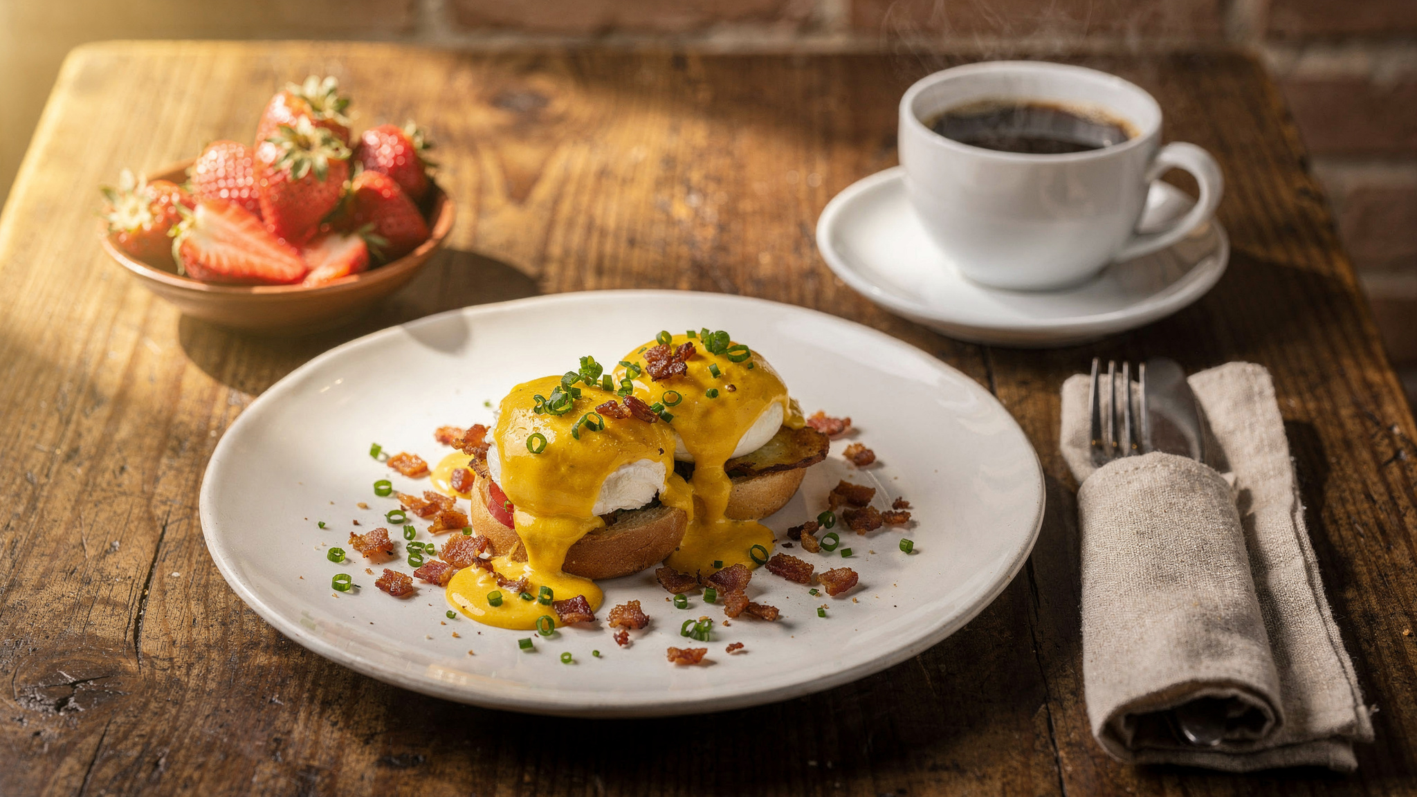brunch featured burnaby v2 Best Breakfast and Brunch in Burnaby, BC Brunch plate with eggs benedict, coffee and strawberries on a cafe table