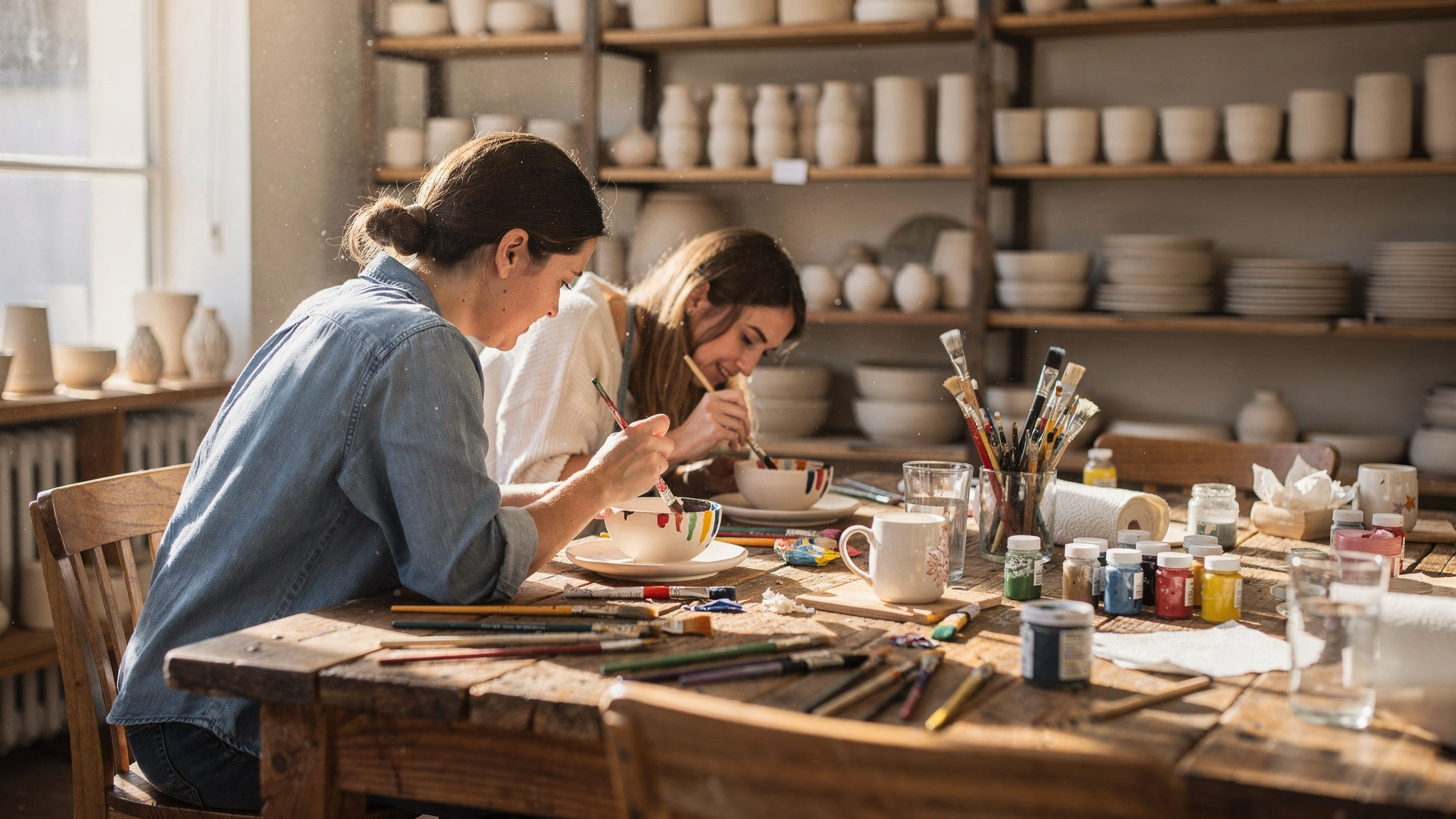 burnaby bc art spots painting pottery v2 Burnaby, BC Art Spots and Pottery Painting Two people painting pottery at a wooden studio table