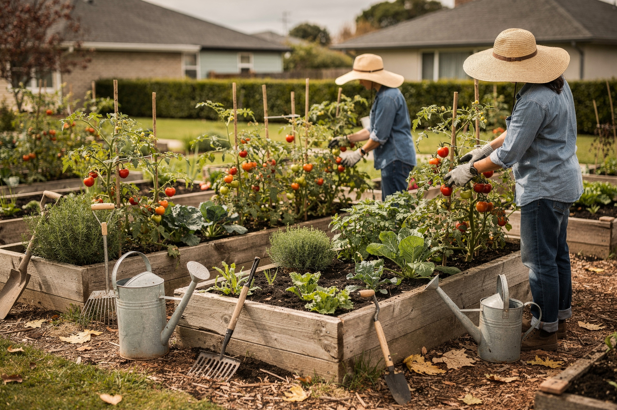 Gardeners tending raised vegetable beds in a Burnaby community garden