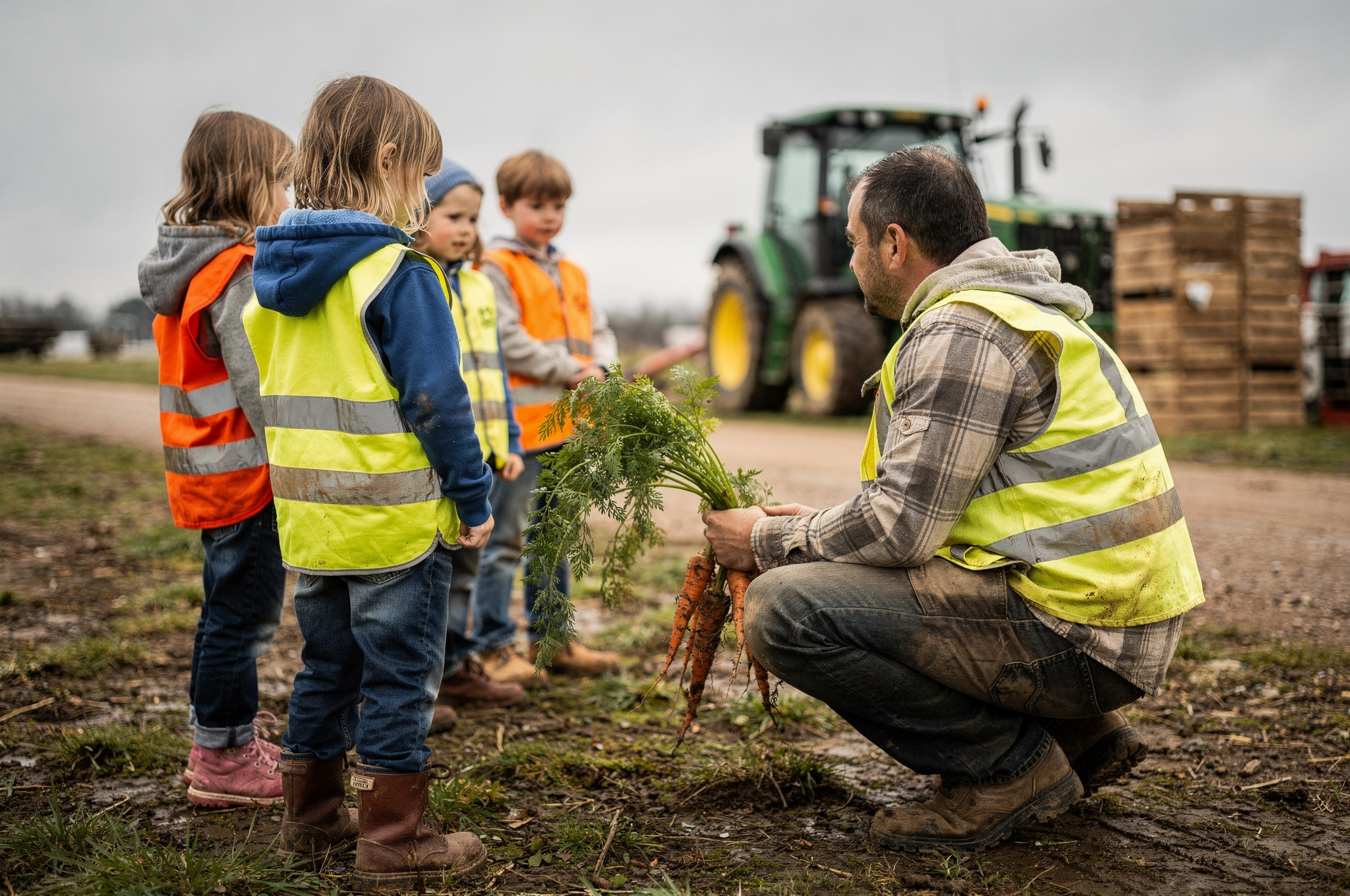 Children in high-visibility vests visiting a Burnaby farm to see freshly picked carrots