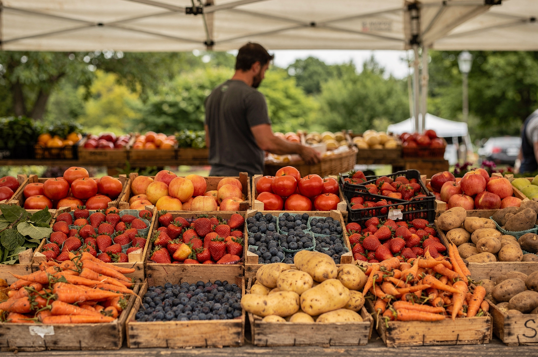 Fresh produce market stand with tomatoes, berries, apples and carrots in Burnaby BC