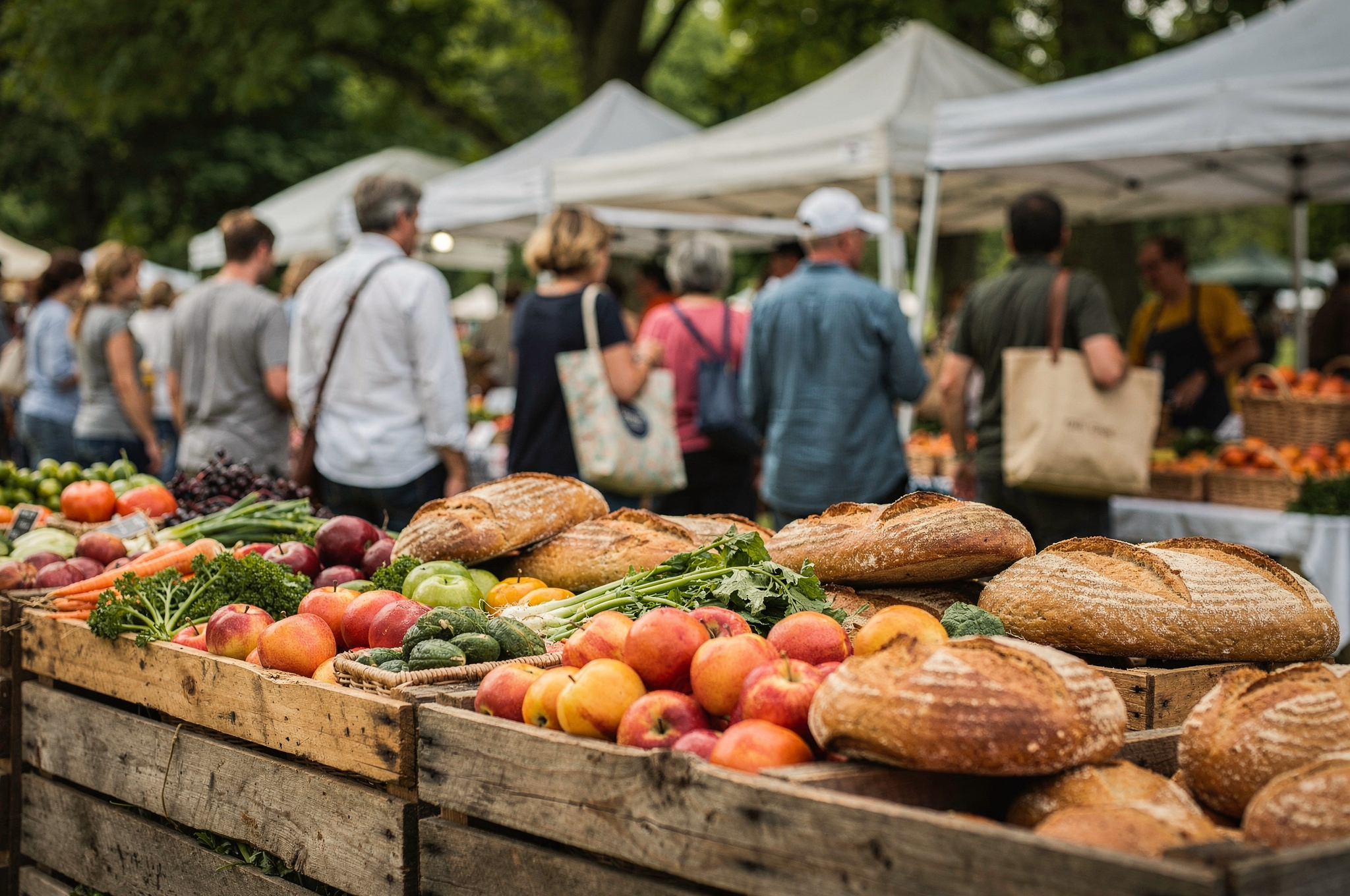 Shoppers browsing fresh produce and bread at a Burnaby farmers market