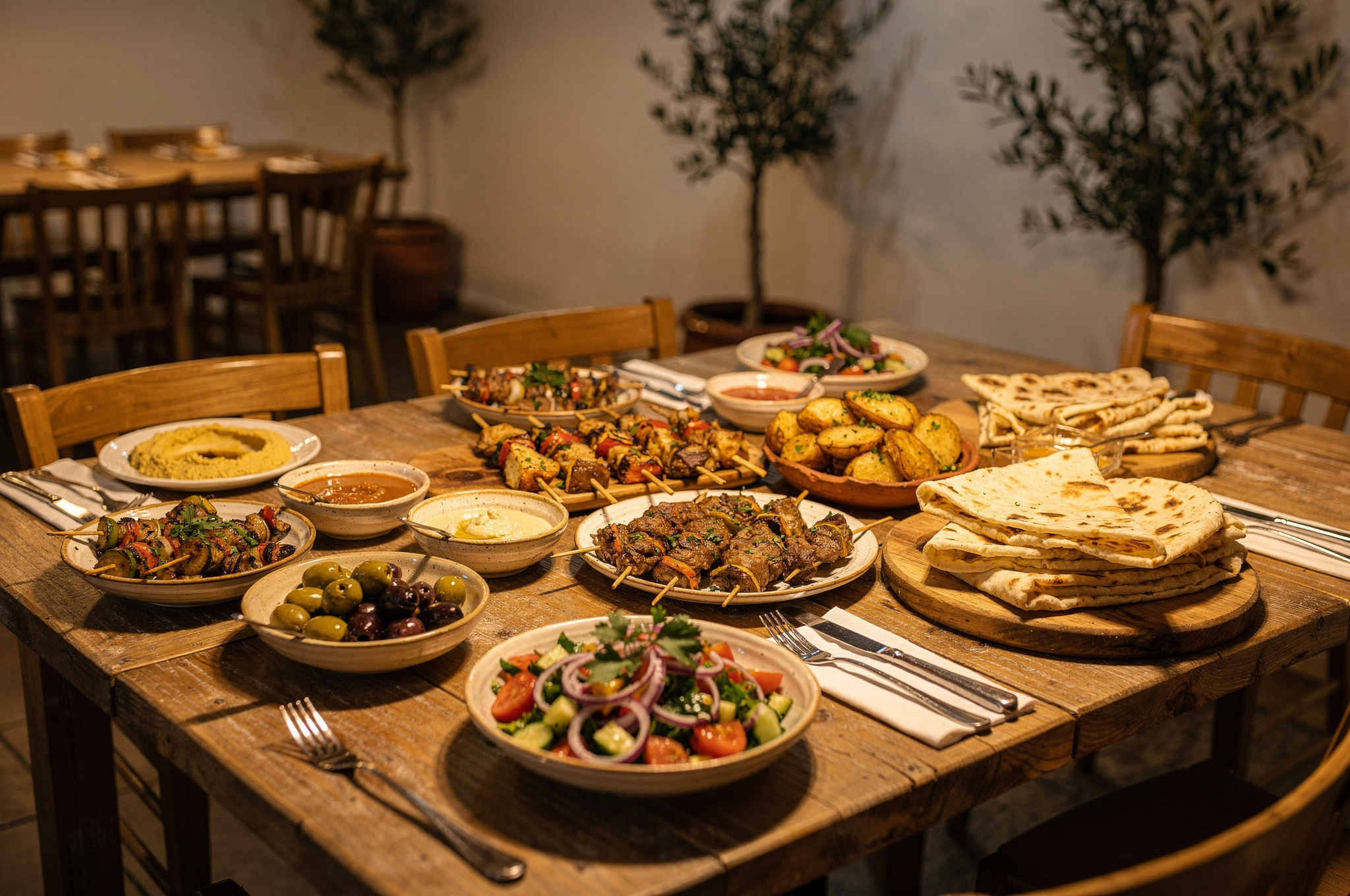 Table spread of Mediterranean small plates and flatbread at a Burnaby restaurant