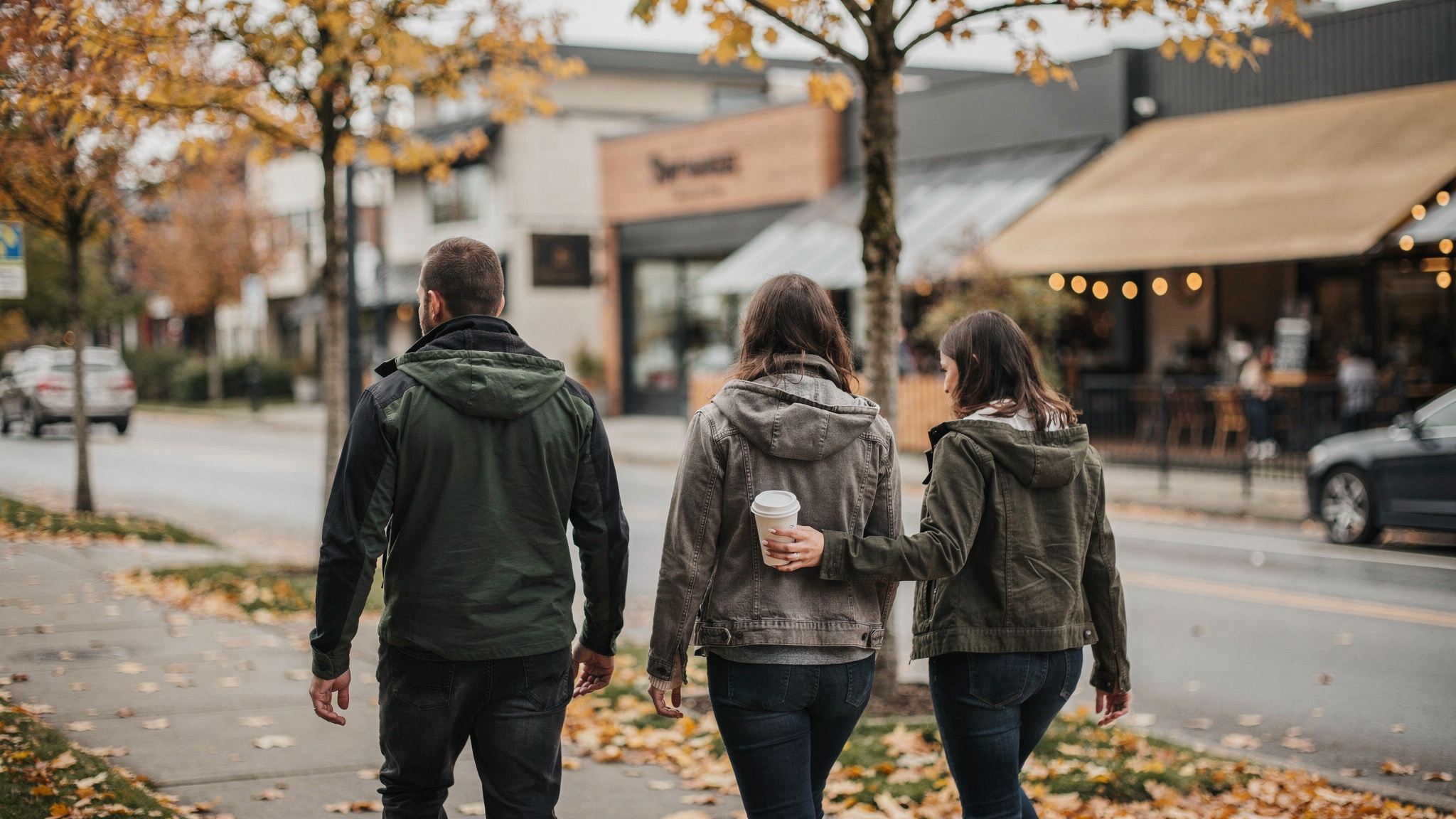 burnaby neighbourhood food tour v2 A Burnaby Neighbourhood Food Tour People walking along a Burnaby neighbourhood street lined with cafes in autumn