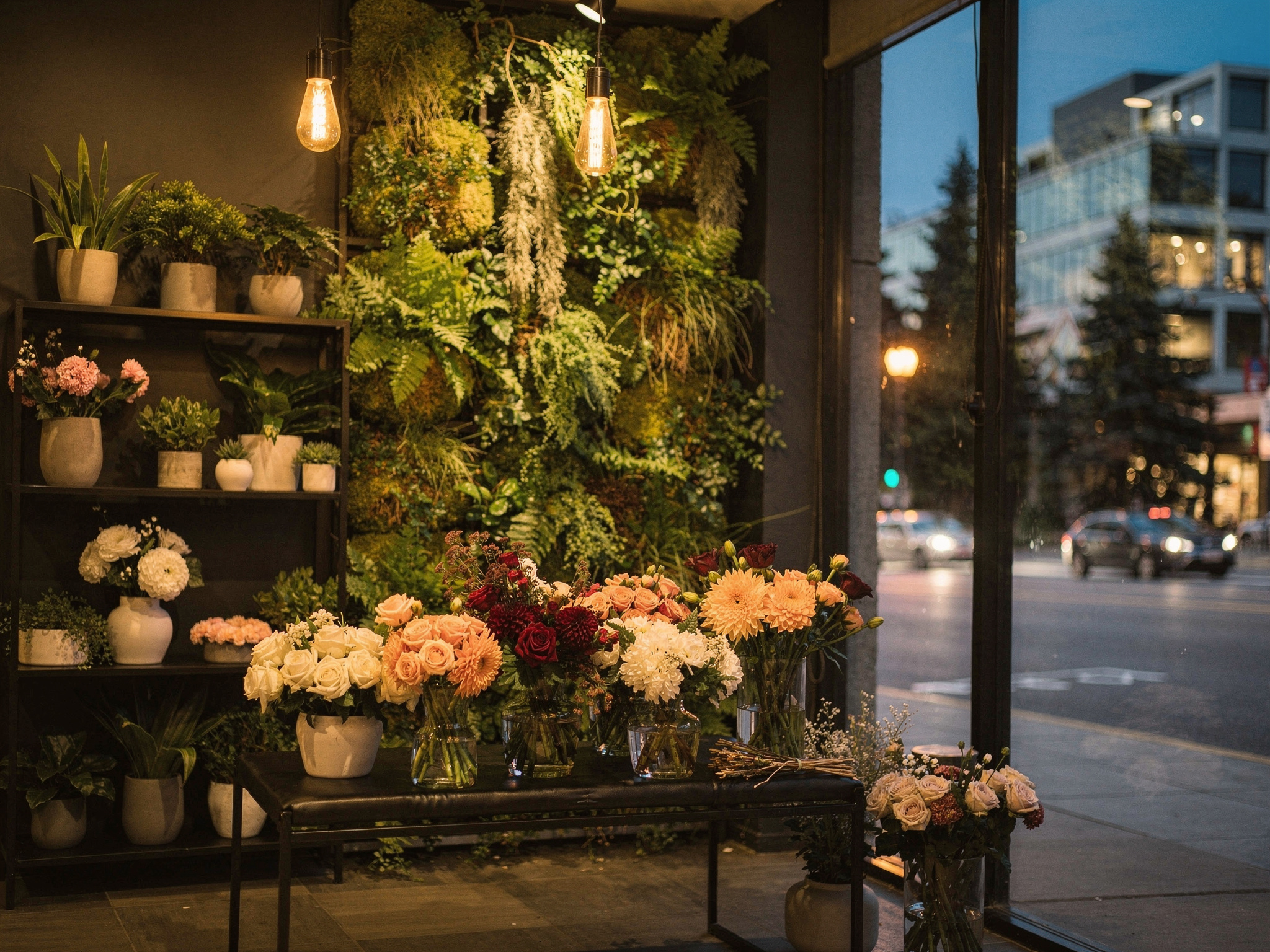 burnaby flower hero v2 Top Flower Shops in Burnaby Burnaby florist interior at dusk with plant wall and fresh flower arrangements