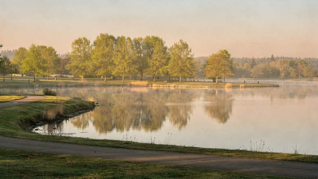 Still water reflection at Deer Lake Park Burnaby arts district