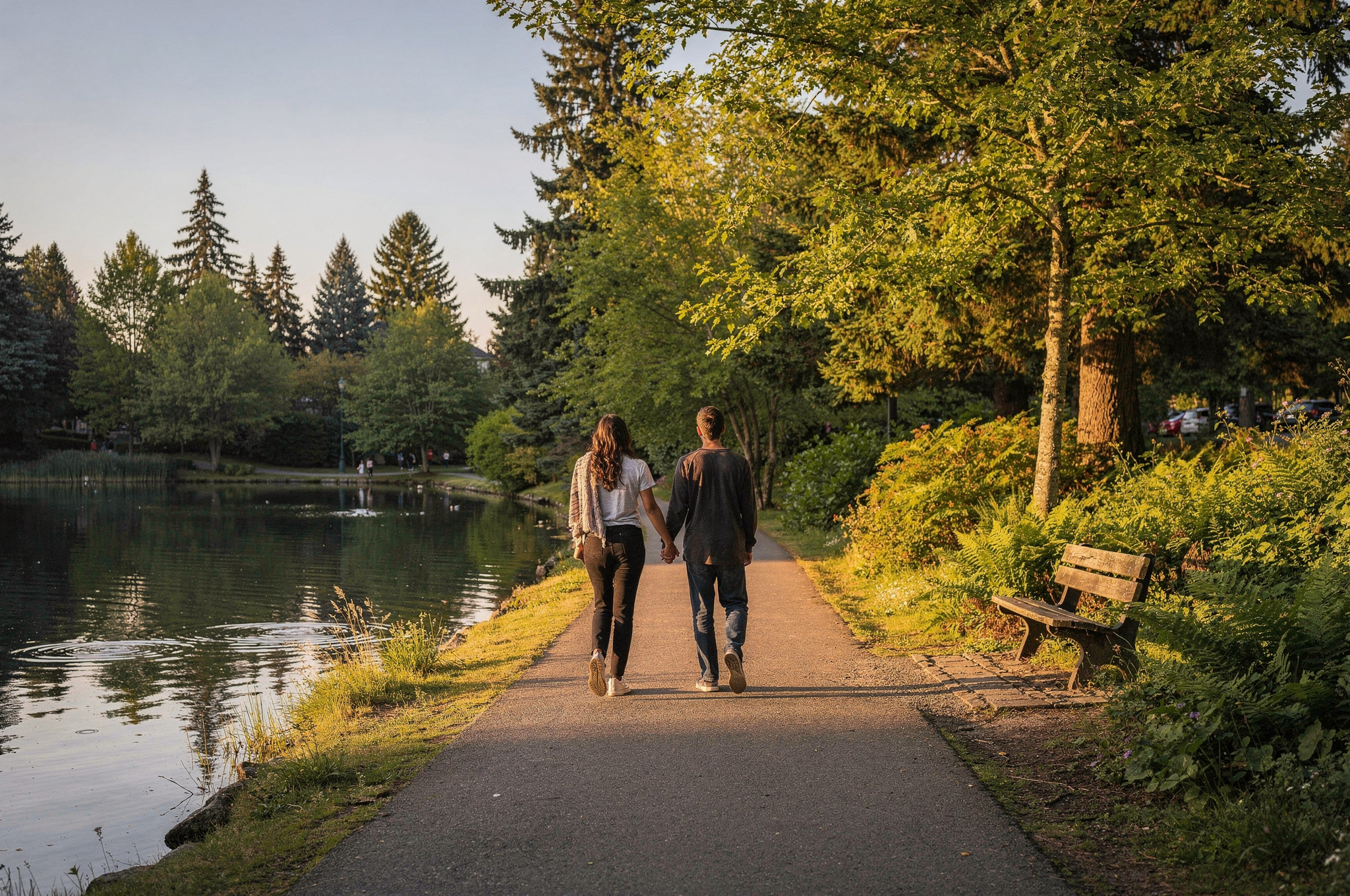 couple walking deer lake park burnaby v2 Burnaby Date Night Ideas couple walking hand in hand along the lakeside path at Deer Lake Park Burnaby
