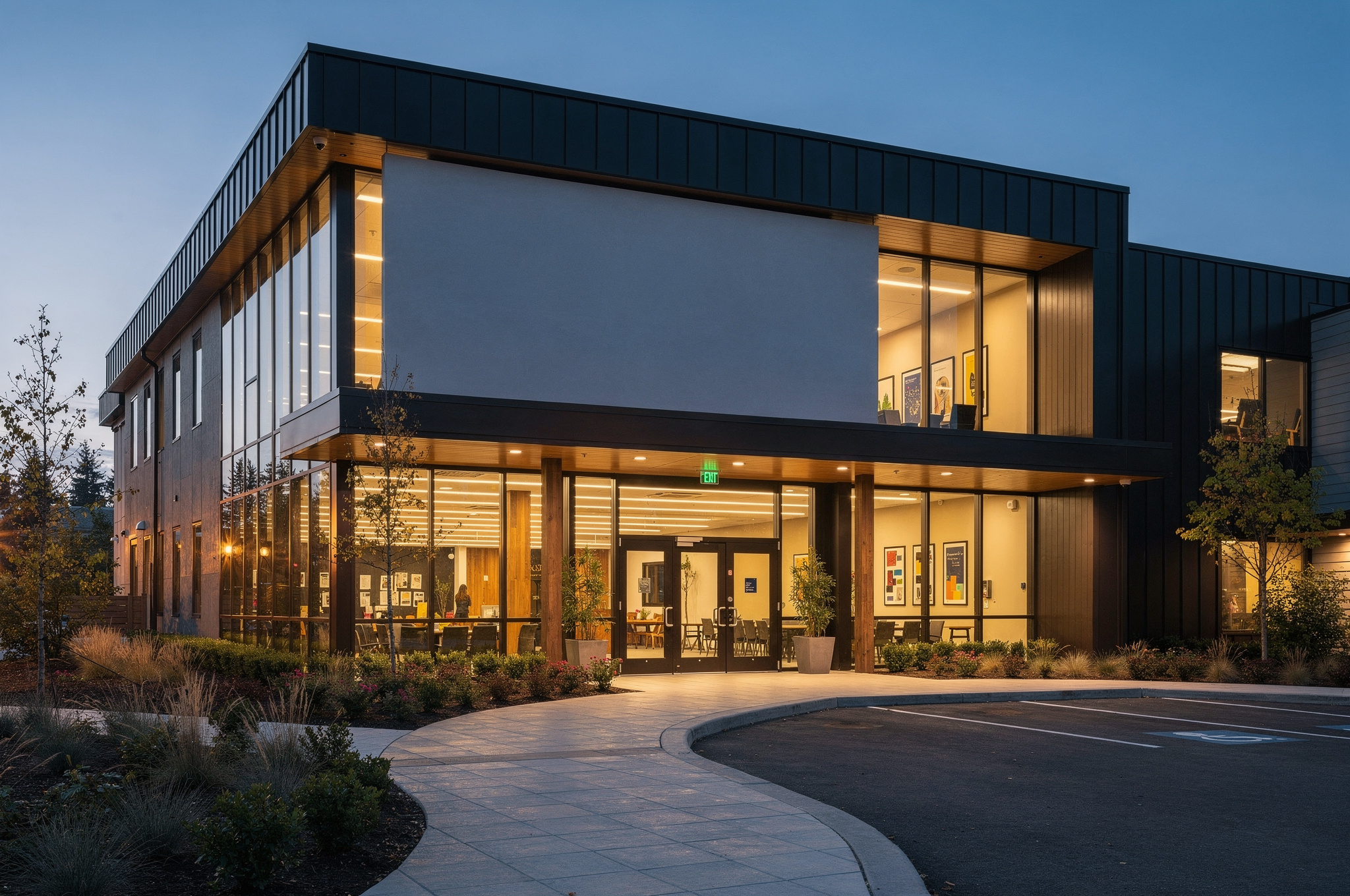 eileen dailly leisure centre burnaby arts v2 Burnaby, BC Art Spots and Pottery Painting Community arts and recreation centre exterior at dusk
