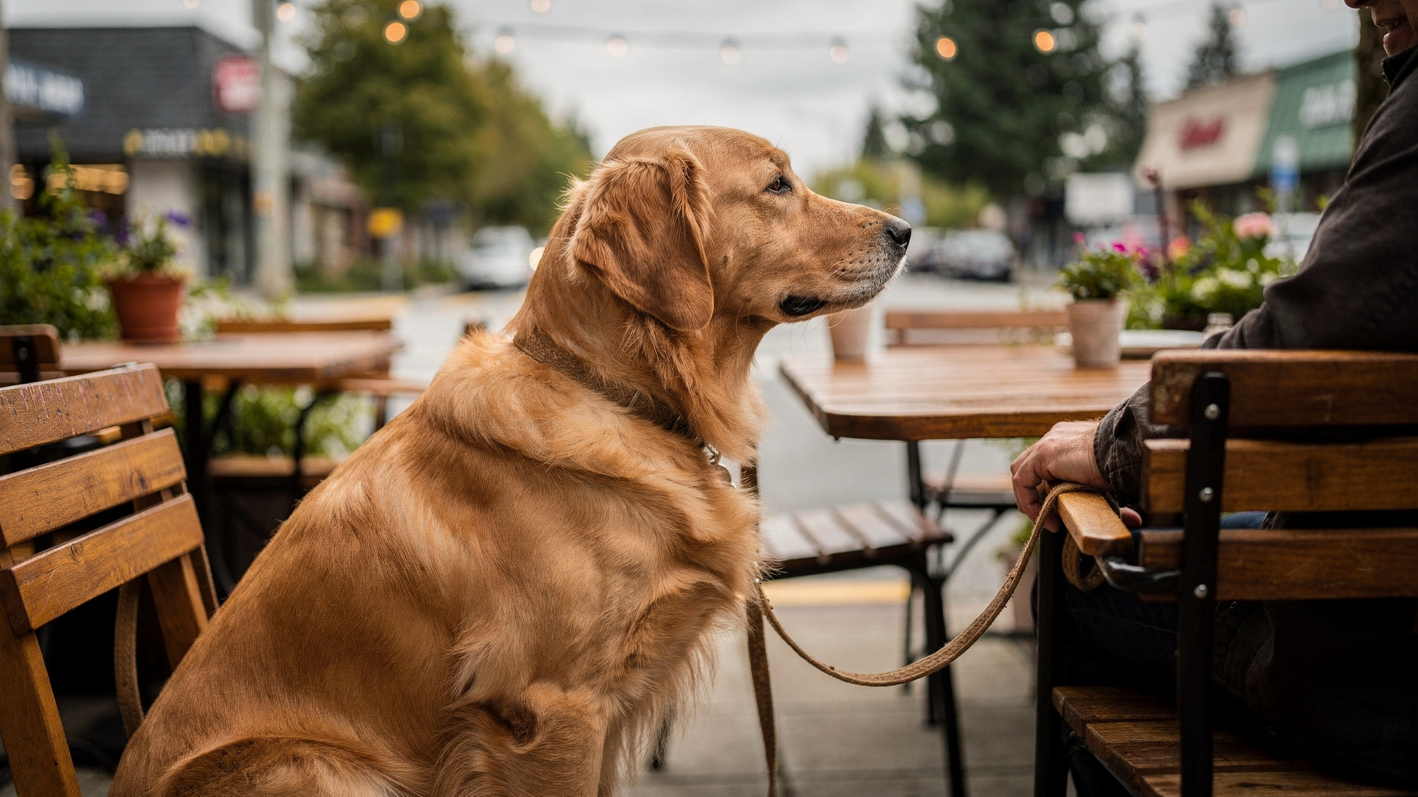 where to eat with your dog in burnaby bc v2 Where to Eat With Your Dog in Burnaby BC Golden retriever on a leash at a dog-friendly restaurant patio in Burnaby BC