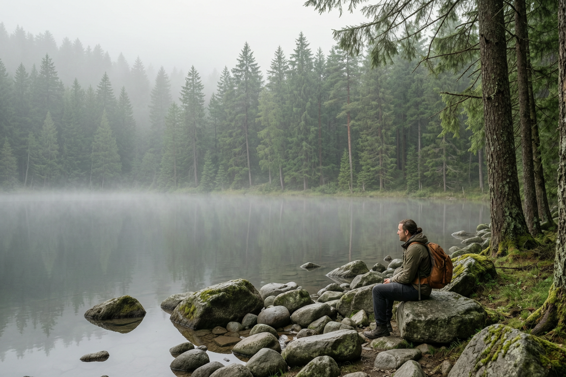 misty lake in forest with stones local