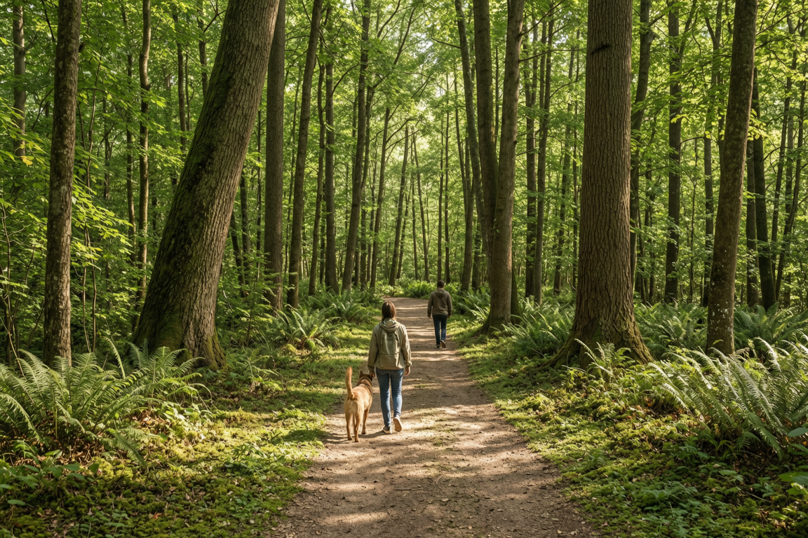 tranquil forest path local sunlight dappled greenery 2023