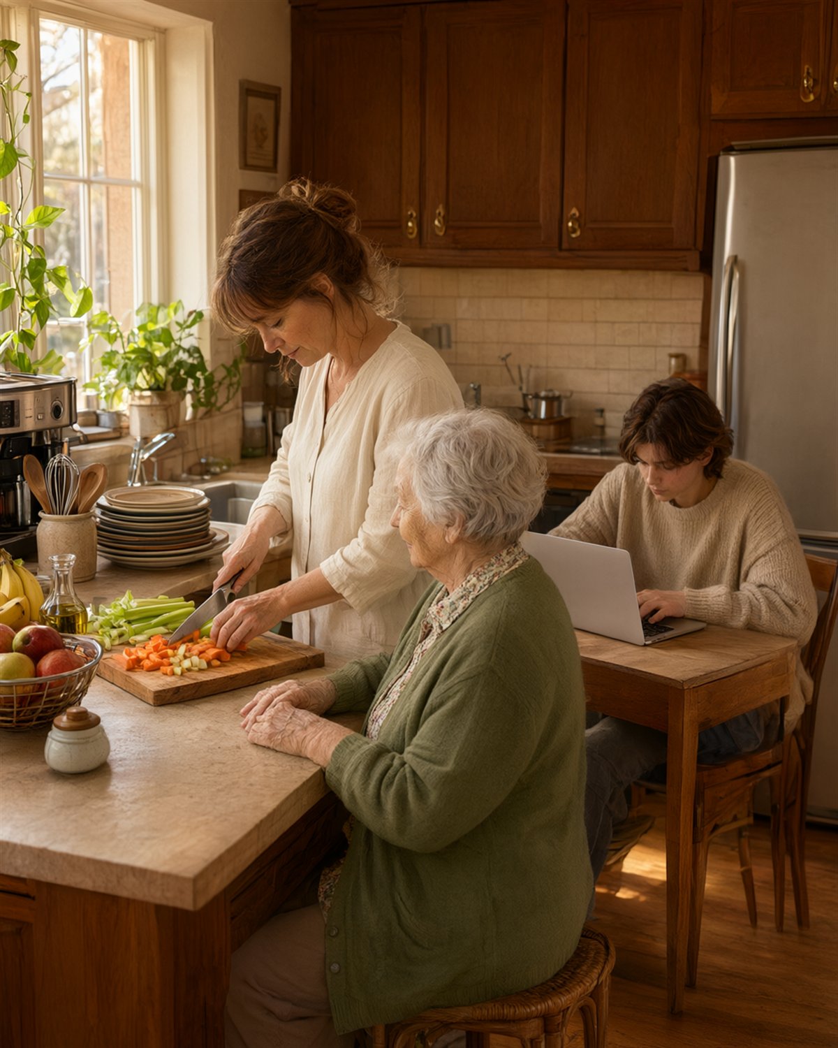 Three generations together in a family kitchen, one preparing vegetables
