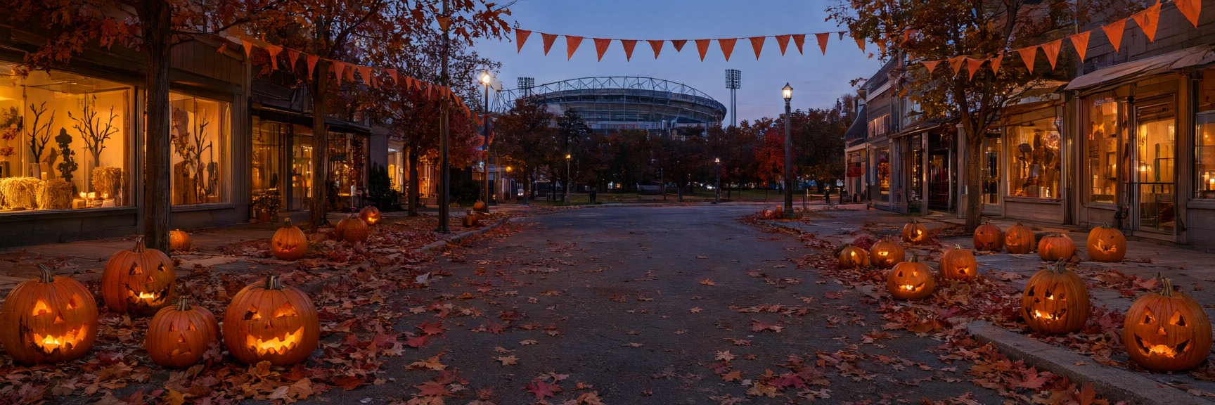 A suburban main street in Burnaby at dusk on October 31, strung with orange bunting, carved pumpkins along the kerb and warm light in the shop windows