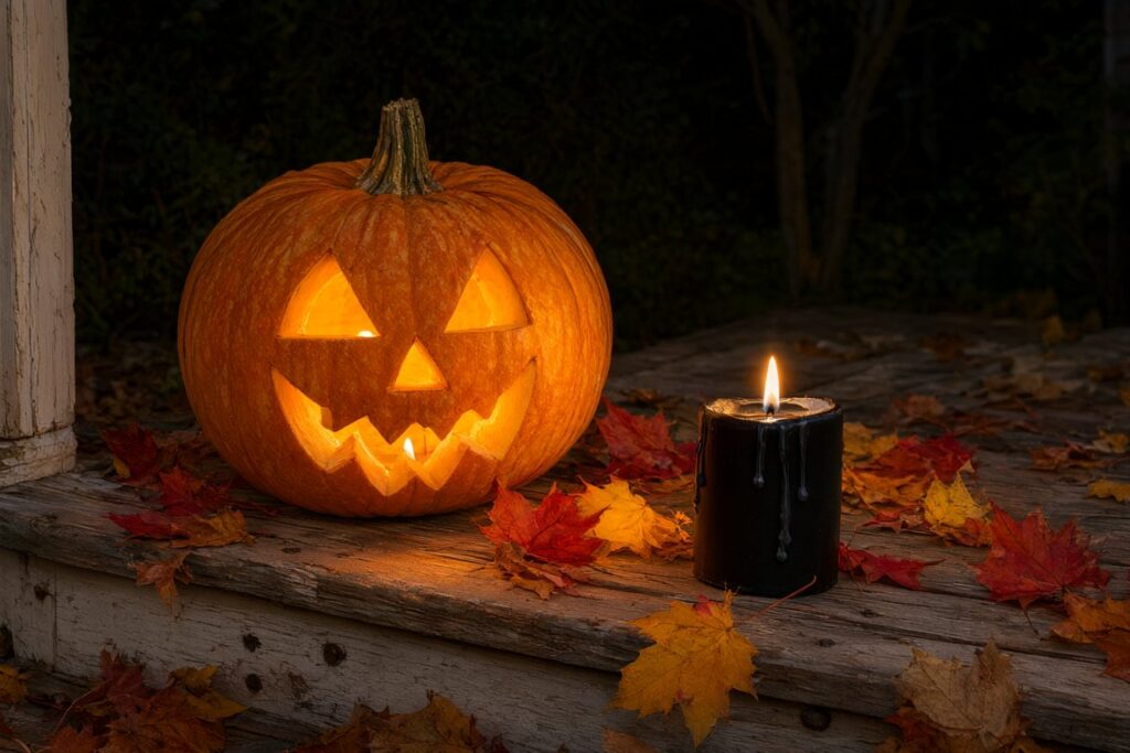 A carved pumpkin glowing on a wooden porch step at night beside a black pillar candle and autumn maple leaves