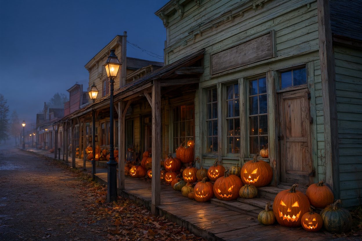 A restored early-1900s heritage village street at dusk, with wooden storefronts, a covered boardwalk and jack-o-lanterns on the steps