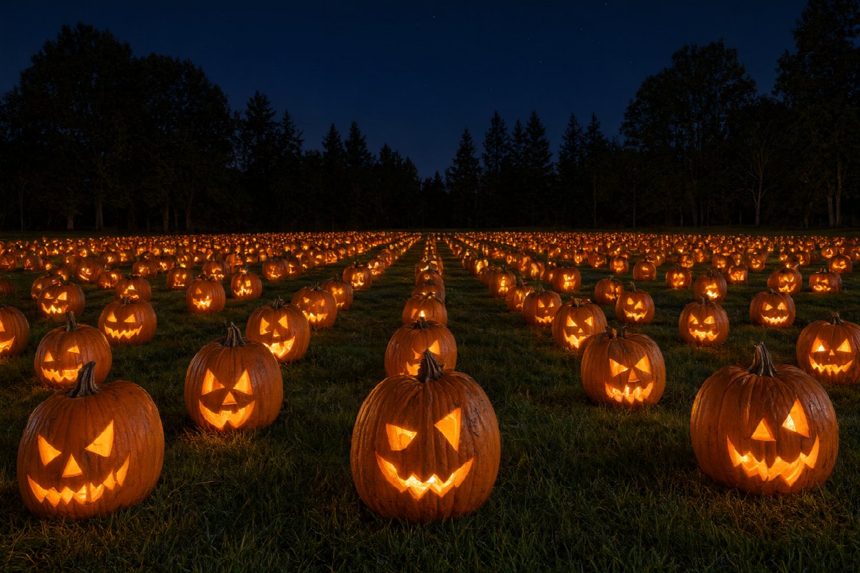 A large lawn at night filled with hundreds of glowing carved pumpkins arranged in long rows, each lit from inside