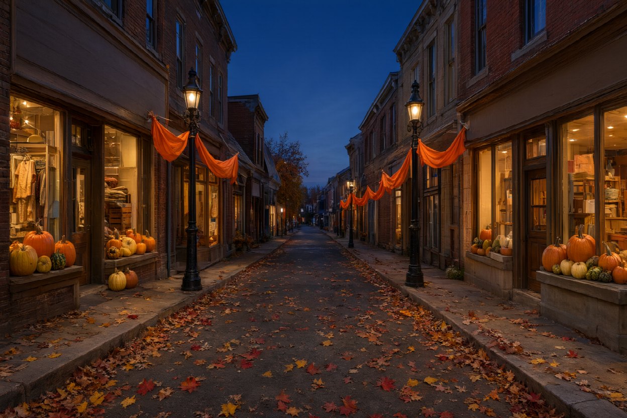 A small-town main street in early evening with decorated storefronts, warm lit windows and pumpkins on the doorsteps