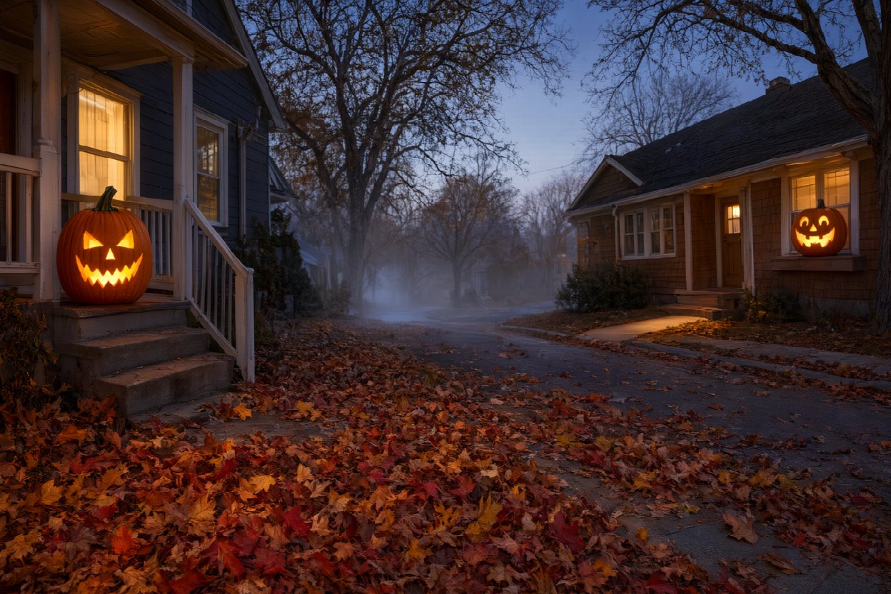 A quiet suburban street at dusk on October 31 with jack-o-lanterns glowing on porch steps and thick fallen leaves