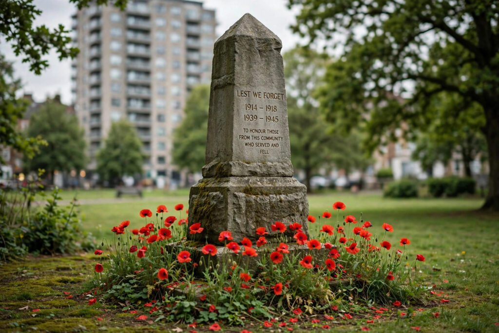 A stone memorial with red poppies at its base in a park, a tall apartment building blurred behind, no people