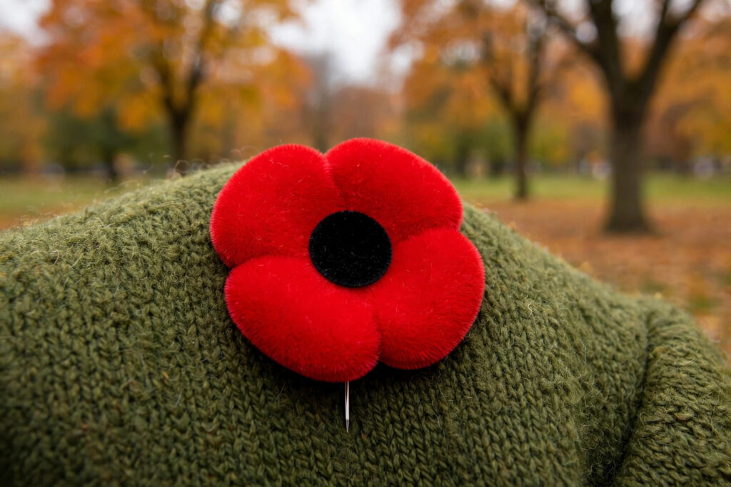 A Canadian Legion poppy pin on a green wool coat, four red flocked petals, flat black centre, no leaf, autumn park trees blurred behind