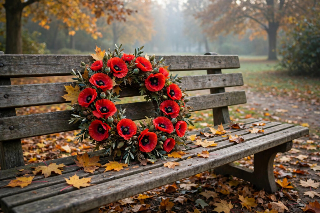 A red poppy wreath on a wooden bench in a park at dawn, autumn leaves, no people