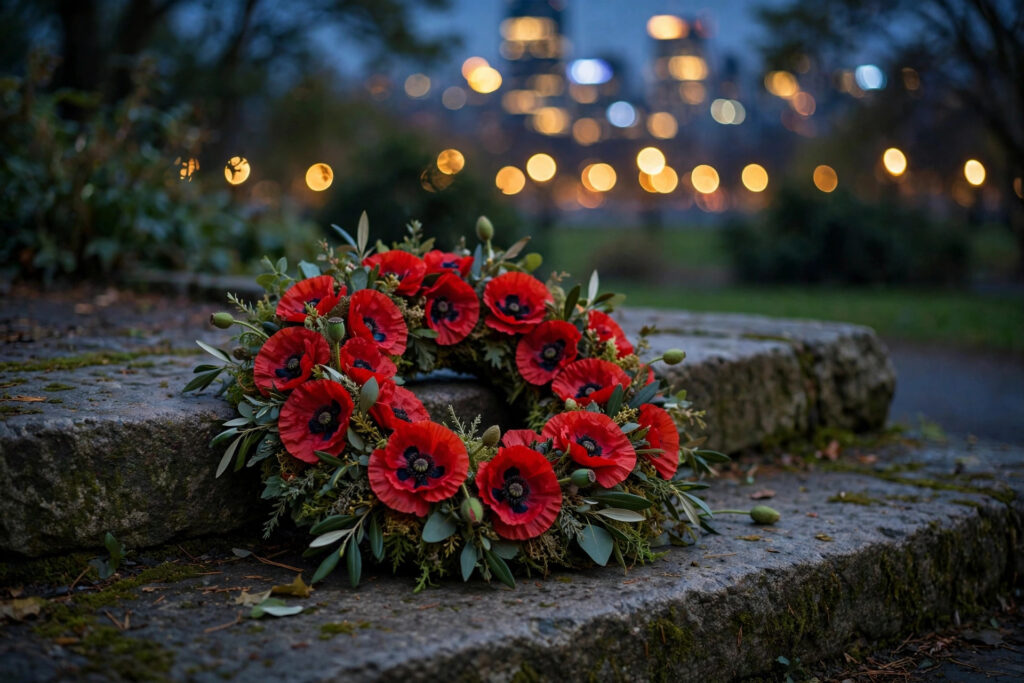 A red poppy wreath on a stone step in a park at dusk, city lights blurred behind, no people