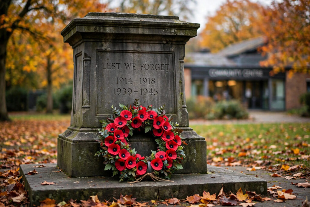 A red poppy wreath against a stone cenotaph in a park with autumn trees and a community centre blurred behind, no people