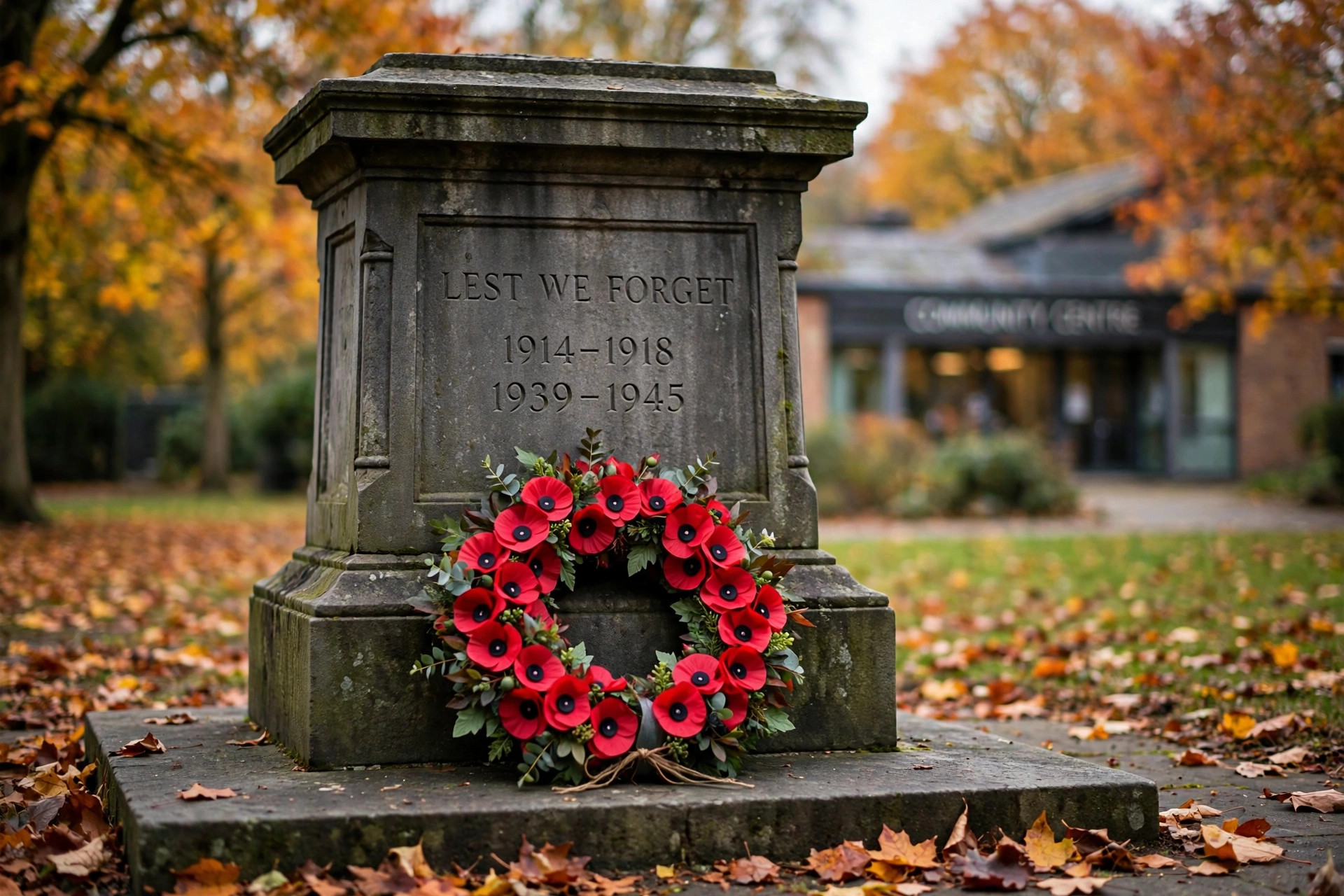 A red poppy wreath against a stone cenotaph in a park with autumn trees and a community centre blurred behind, no people