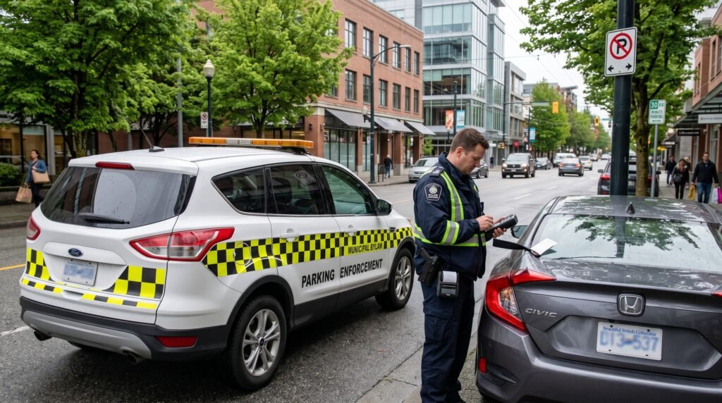 PGcom parking enforcement officer patrolling a commercial lot in BC