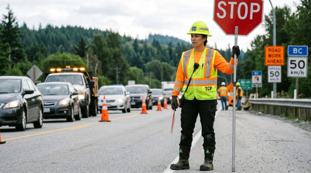PGcom traffic control person directing vehicles on a BC road